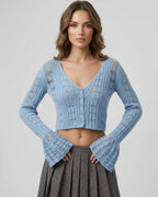 Oberon Cardigan featuring a blue cropped silhouette and openwork knit texture by Lauven, perfect for seasonal styling.
