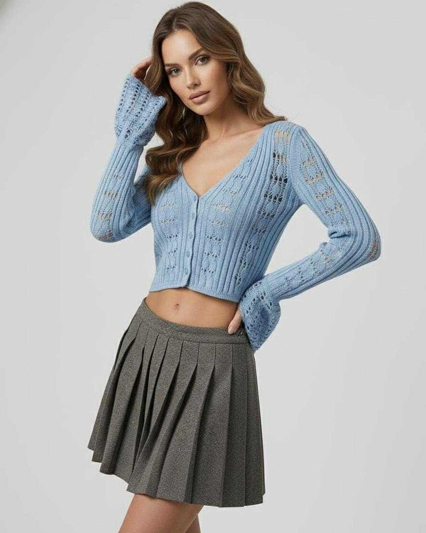 Oberon Cardigan, blue cropped cardigan sweater, openwork knit, elegant everyday layering, from Lauven.