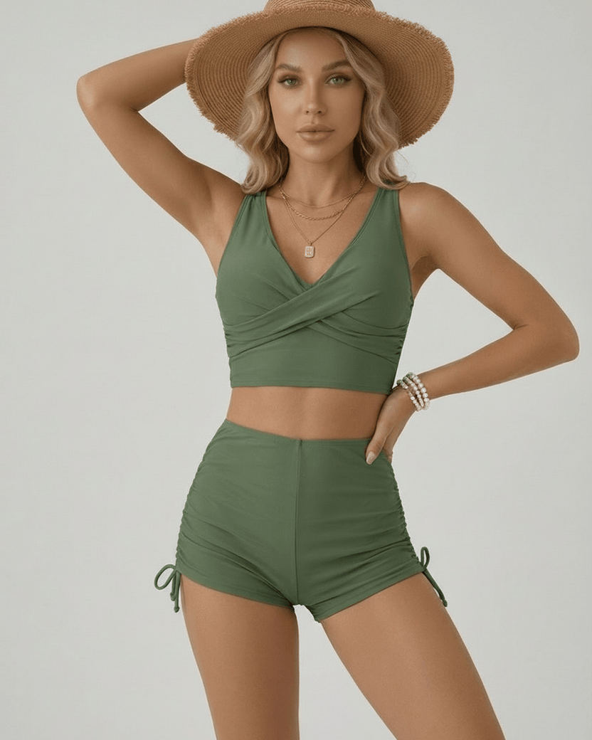 Oliva Two-Piece Swimsuit by Lauven, green two-piece swimsuit with a flattering sleeveless top and modern short set design.