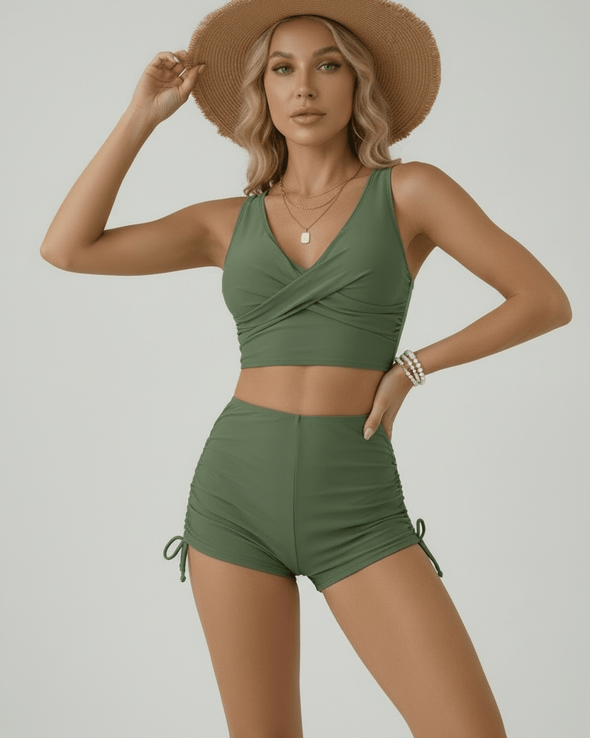 Oliva Two-Piece Swimsuit by Lauven, green polyester spandex swimwear with a modern silhouette and body-responsive fit.