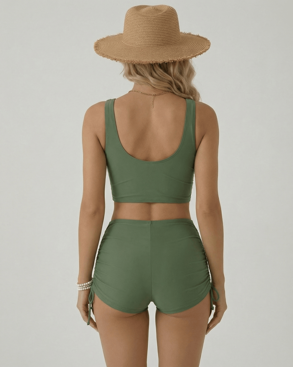 Oliva Two-Piece Swimsuit by Lauven, green adjustable short set, stylish, comfortable polyester spandex blend.