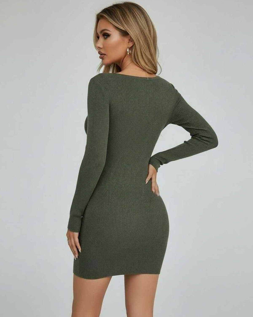 Olive Mini Dress by Lauven, showcasing a bodycon pencil silhouette and half-open collar in solid olive green.