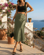 Olivia Midi Skirt by Lauven - Sophisticated olive green satin mermaid midi skirt with a fluid silhouette.