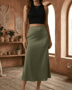 Olivia Midi Skirt by Lauven, satin mermaid style, olive green color, flattering fit, perfect for elegant looks.