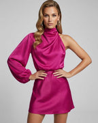 Olivia Mini Dress by Lauven, featuring a one-shoulder design in bold fuchsia color, perfect for modern elegance.