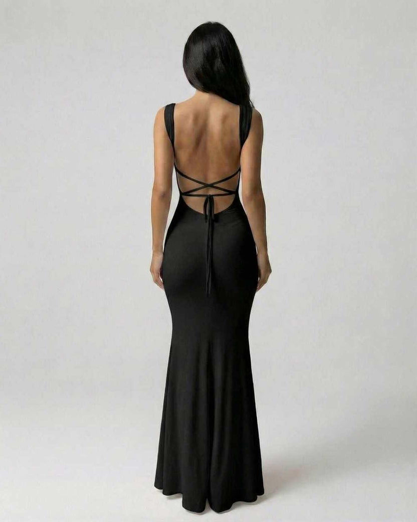 Onyx Maxi Dress by Lauven, showcasing the sophisticated strappy back silhouette in classic black.