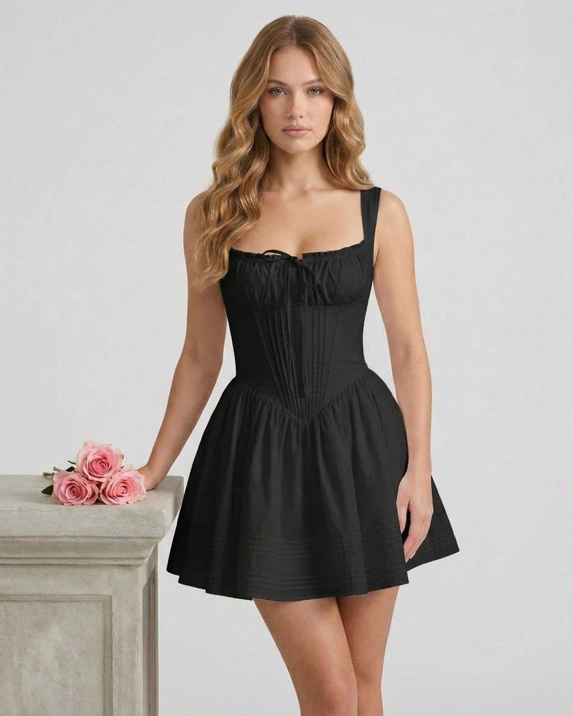 Onyx Mini Dress by Lauven featuring a structured black cotton blend design with a flared skirt and elegant silhouette.