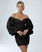 Onyx Mini Dress by Lauven - Off-Shoulder Puff Sleeve Satin Sheath Dress in Black