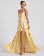 Veloura Maxi Dress by Lauven — satin spaghetti strap cowl neck bodycon maxi dress