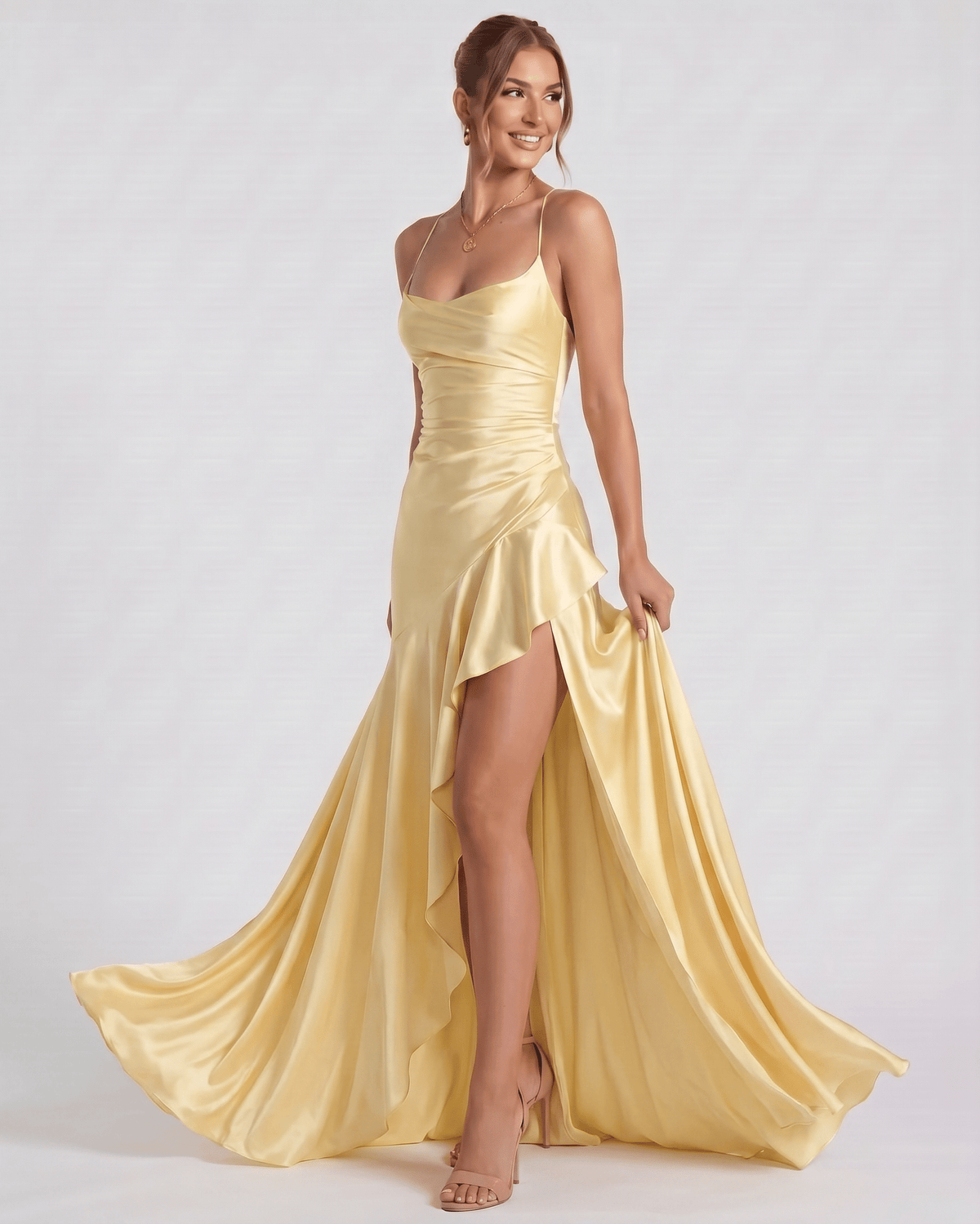 Veloura Maxi Dress by Lauven — satin spaghetti strap cowl neck bodycon maxi dress