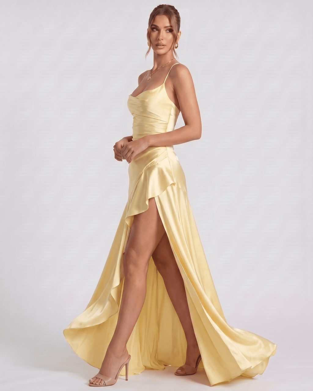 Veloura Maxi Dress by Lauven — satin spaghetti strap cowl neck bodycon maxi dress