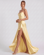 Veloura Maxi Dress by Lauven — satin spaghetti strap cowl neck bodycon maxi dress