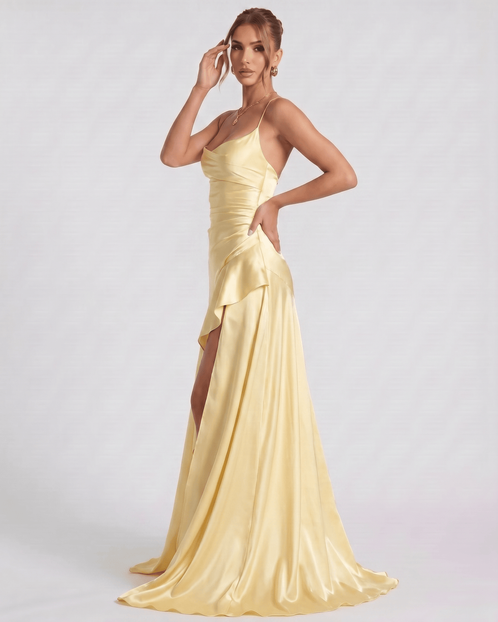 Veloura Maxi Dress by Lauven — satin spaghetti strap cowl neck bodycon maxi dress