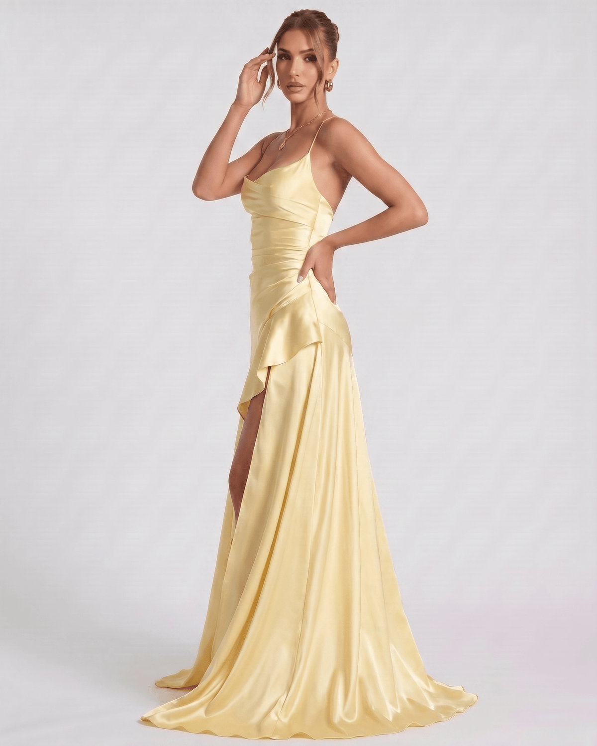 Veloura Maxi Dress by Lauven — satin spaghetti strap cowl neck bodycon maxi dress