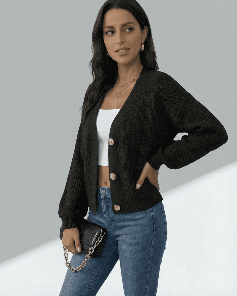 Orion Cardigan by Lauven, featuring a stylish black long sleeve V-neck design with buttons.