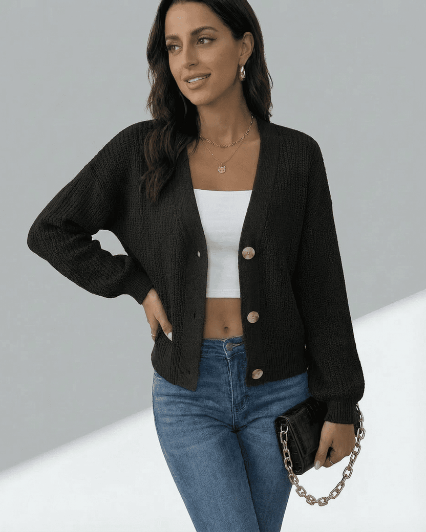 Orion Cardigan by Lauven, featuring a long sleeve V-neck design and button-front in a chic black knit.