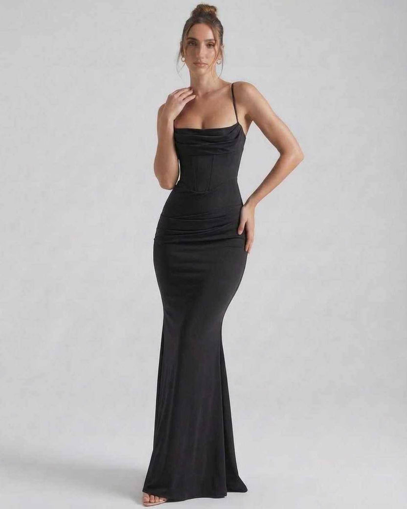 Orion Maxi Dress featuring sleek spaghetti straps and a flattering sheath silhouette by Lauven, perfect for elegant eveningwear.