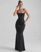Orion Maxi Dress featuring a sleek sheath silhouette and elegant spaghetti straps by Lauven, perfect for eveningwear.