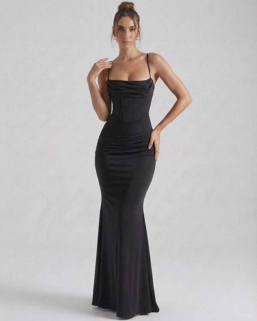 Orion Maxi Dress featuring elegant sheath silhouette, sleek spaghetti straps, by Lauven in solid black.
