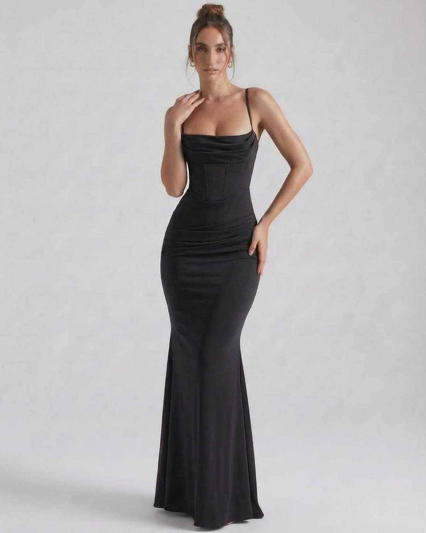 Orion Maxi Dress by Lauven, elegant sheath silhouette, sleek spaghetti straps, luxurious black fabric.