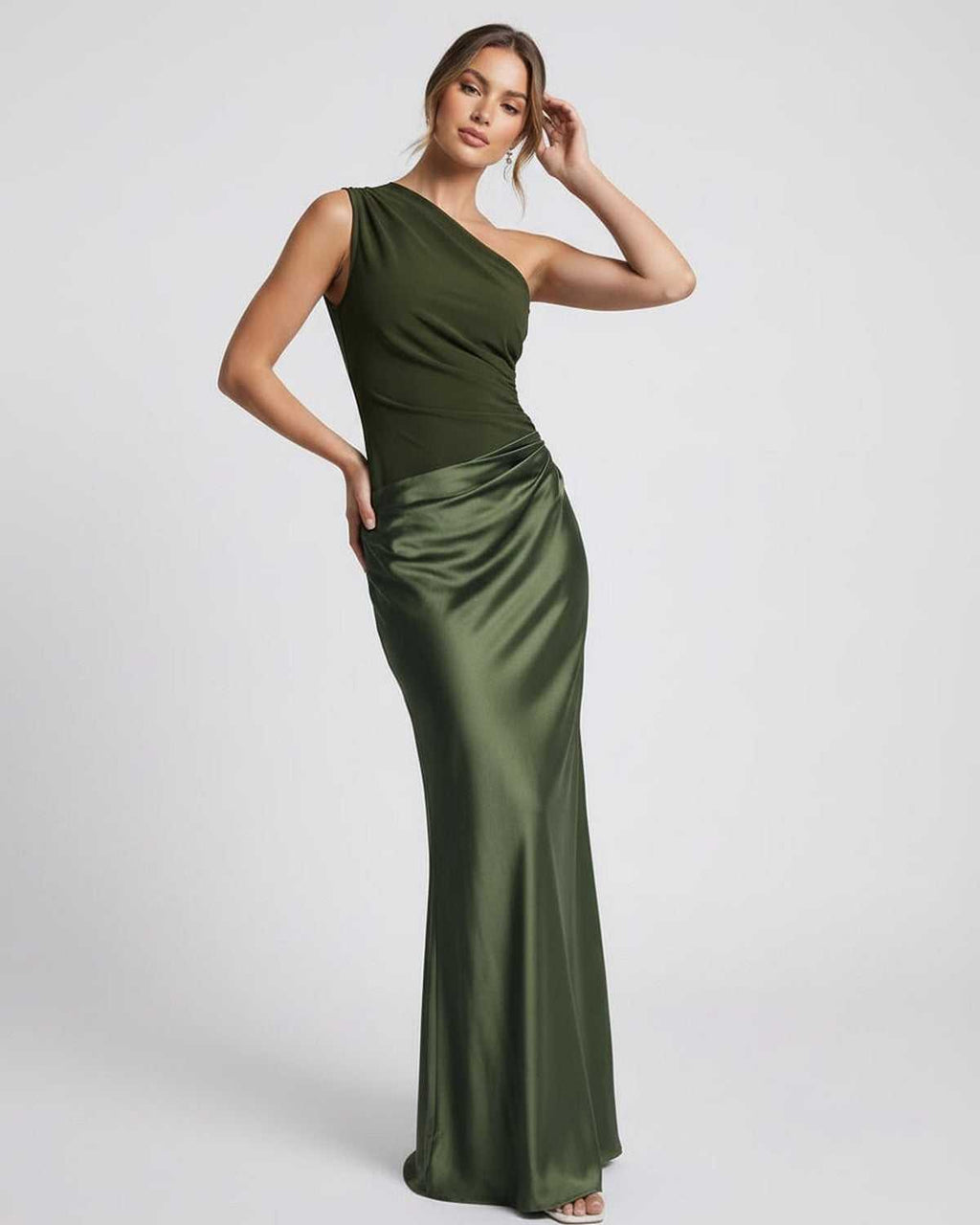 Orion Maxi Dress by Lauven, one shoulder design, green satin finish, elegant silhouette that embodies modern sophistication.