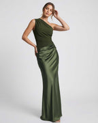 Orion Maxi Dress by Lauven, one shoulder design, green satin finish, elegant silhouette that embodies modern sophistication.
