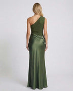 Orion Maxi Dress back view, green one shoulder style, smooth satin finish by Lauven, elegant silhouette.