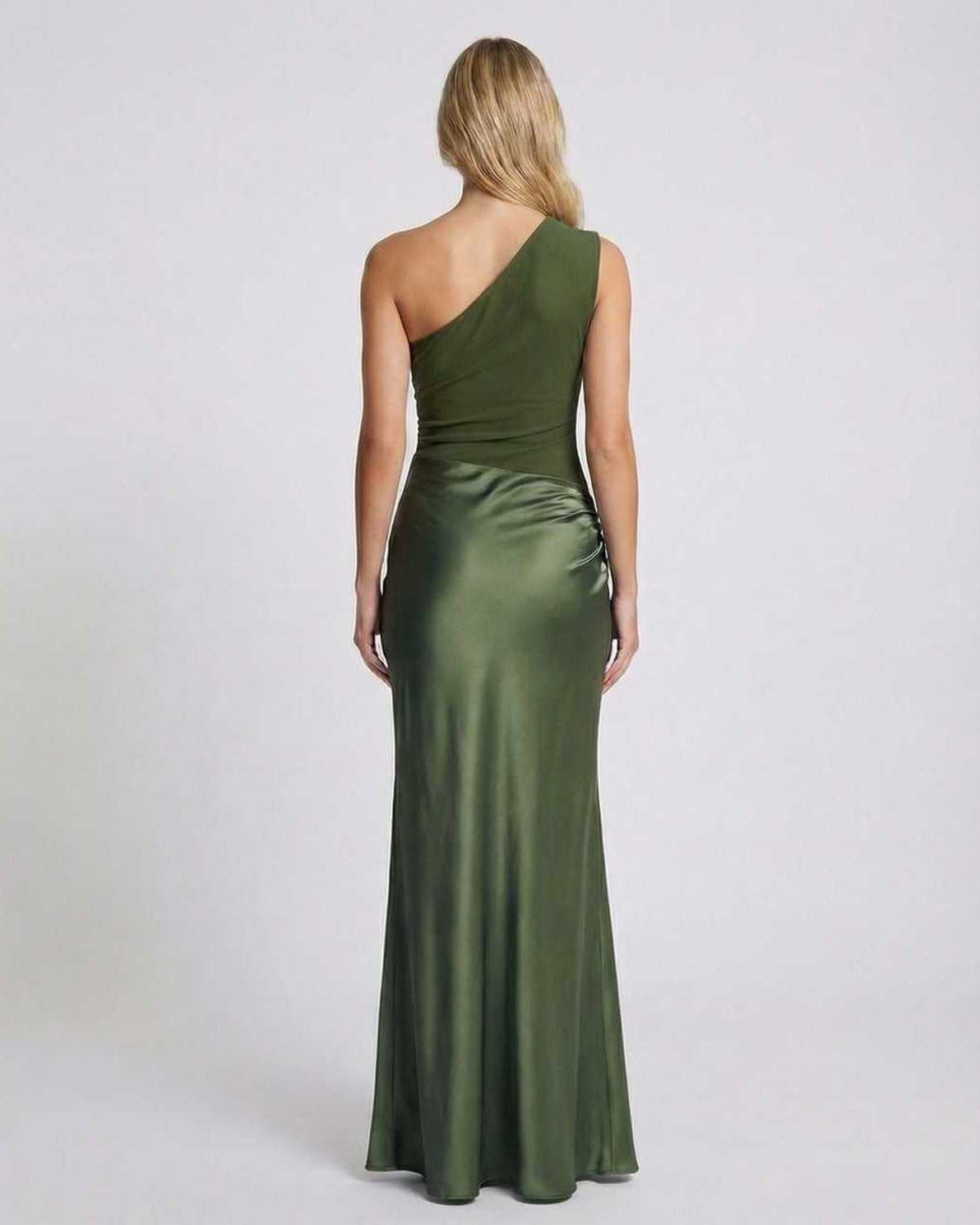 Orion Maxi Dress back view, green one shoulder style, smooth satin finish by Lauven, elegant silhouette.