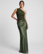 Orion Maxi Dress, one shoulder green dress, satin-like feel by Lauven, refined silhouette, modern edge.