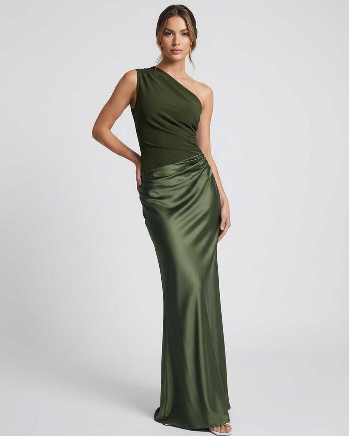 Orion Maxi Dress, one shoulder green dress, satin-like feel by Lauven, refined silhouette, modern edge.