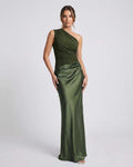 Orion Maxi Dress: One shoulder, green satin-like finish, high waist design, by Lauven for a refined silhouette.