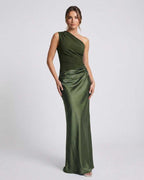 Orion Maxi Dress: One shoulder, green satin-like finish, high waist design, by Lauven for a refined silhouette.