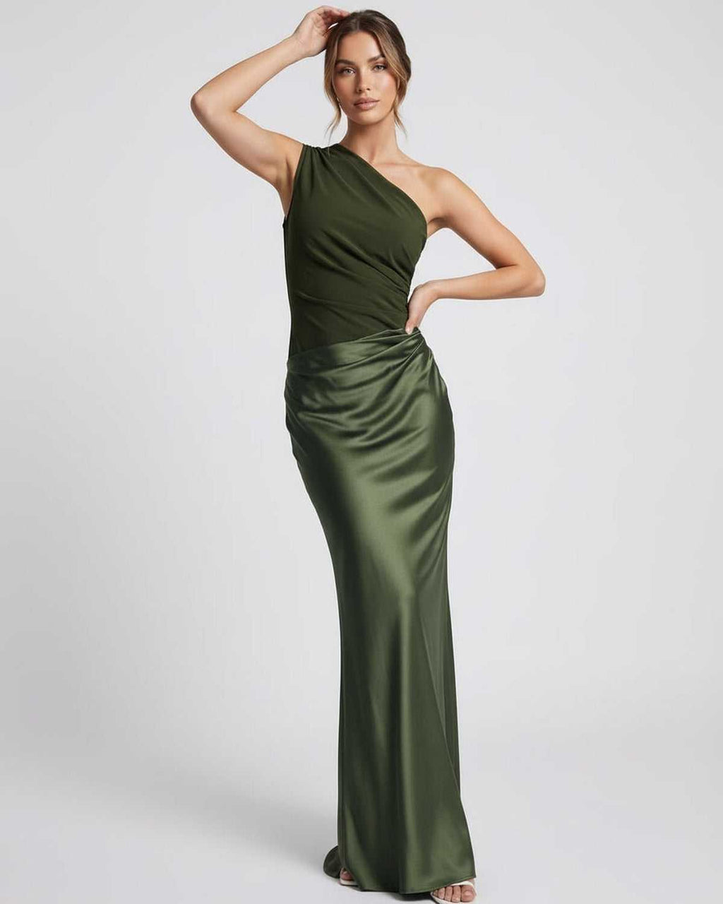 Orion Maxi Dress by Lauven, green one shoulder maxi dress with satin-like finish and elegant silhouette.