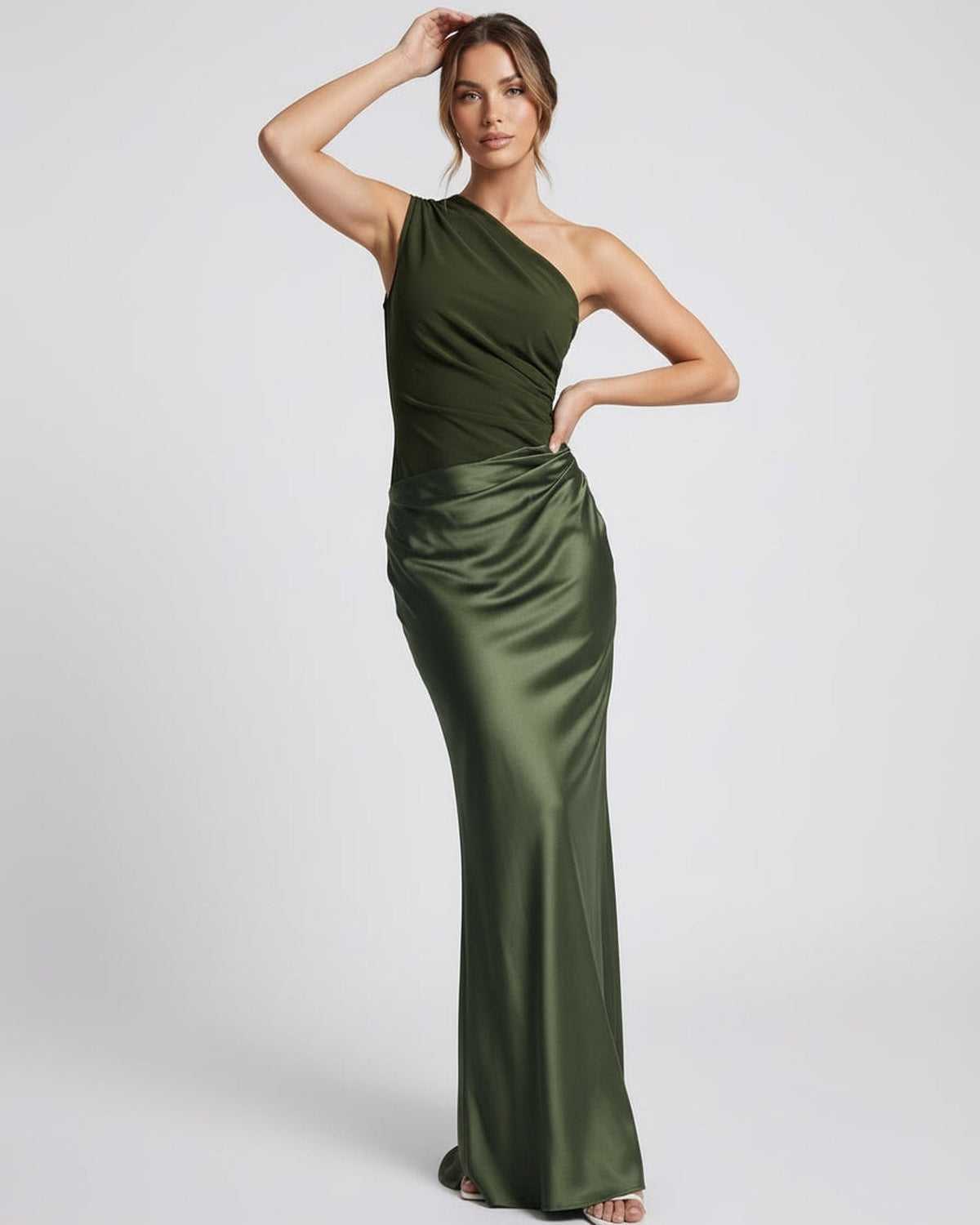 Orion Maxi Dress by Lauven, green one shoulder maxi dress with satin-like finish and elegant silhouette.