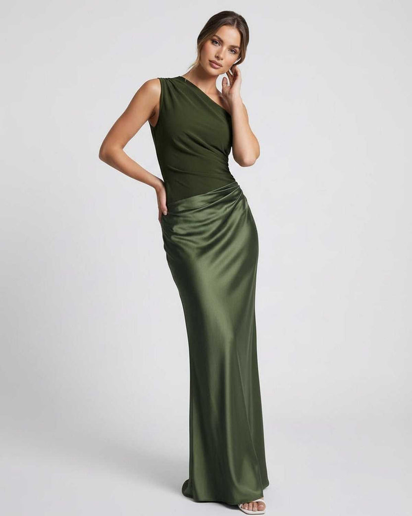 Orion Maxi Dress - green satin one shoulder design, elegant fit, high waist construction by Lauven.