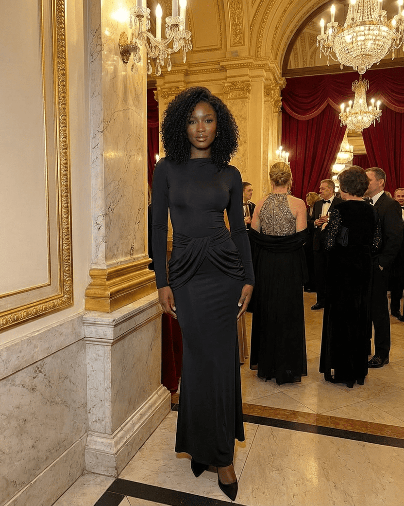 Orion Maxi Dress by Lauven, showcasing long sleeve crew neck silhouette with ruched high waist detail in elegant setting.