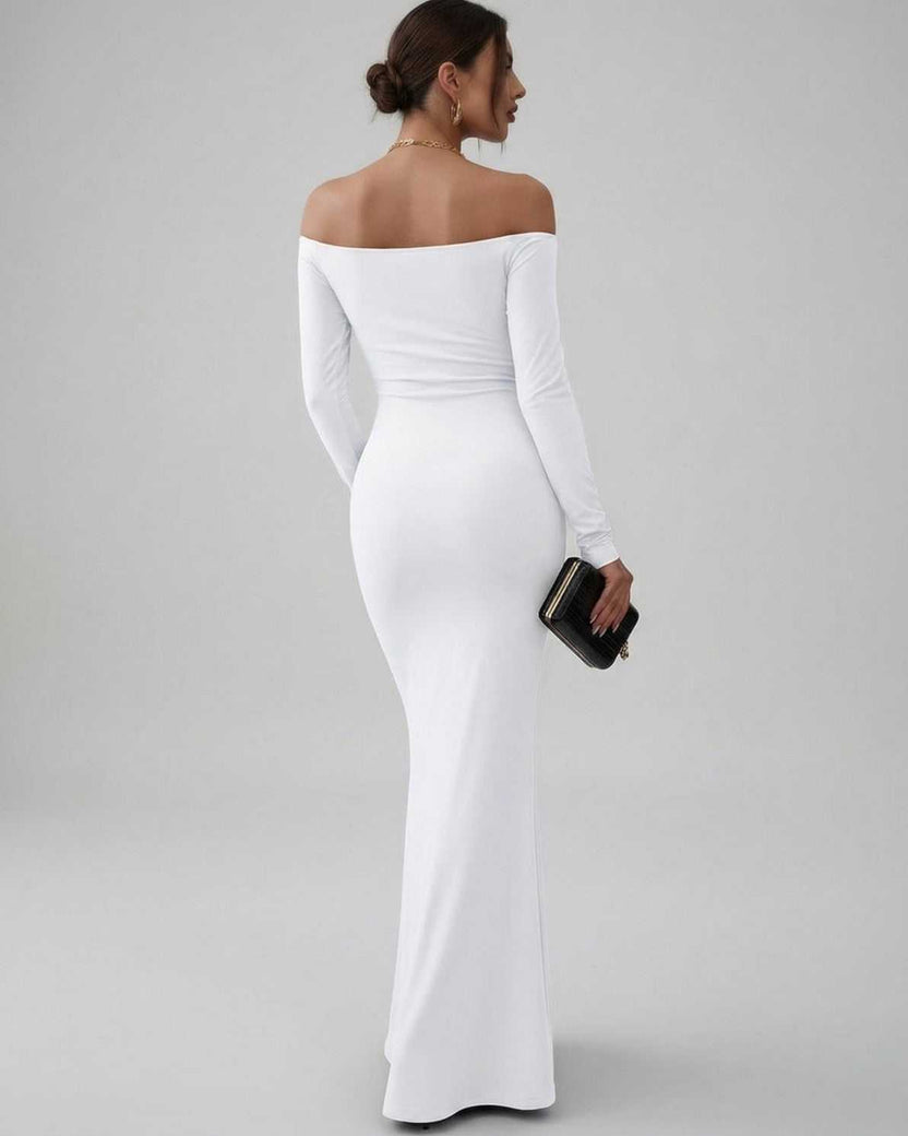 Lauven Orion Maxi Dress off-shoulder long sleeve silhouette in classic white, elegant and flattering fit.