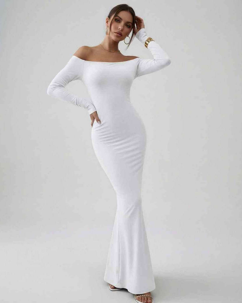 Lauven Orion Maxi Dress in sleek off-shoulder design, showcasing premium stretch fabric in elegant white.