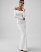 Sleek Lauven Orion Maxi Dress, off-shoulder design, white fabric, long sleeve, flattering silhouette.