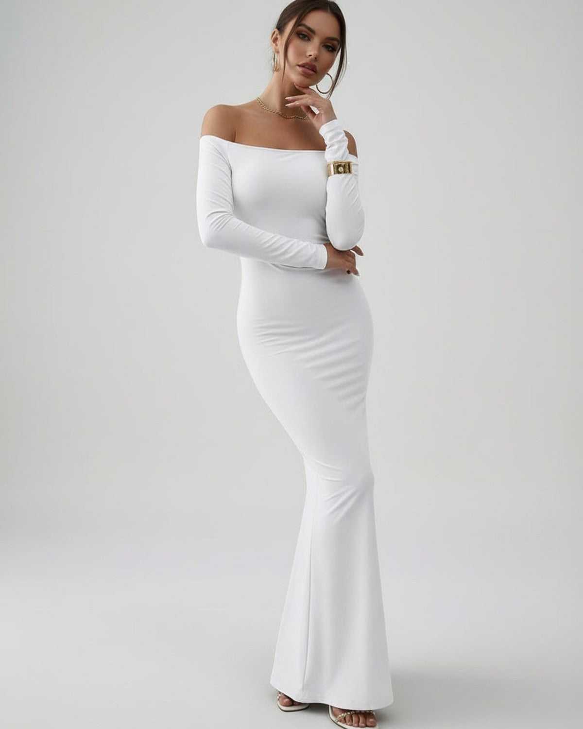 Sleek Lauven Orion Maxi Dress, off-shoulder design, white fabric, long sleeve, flattering silhouette.