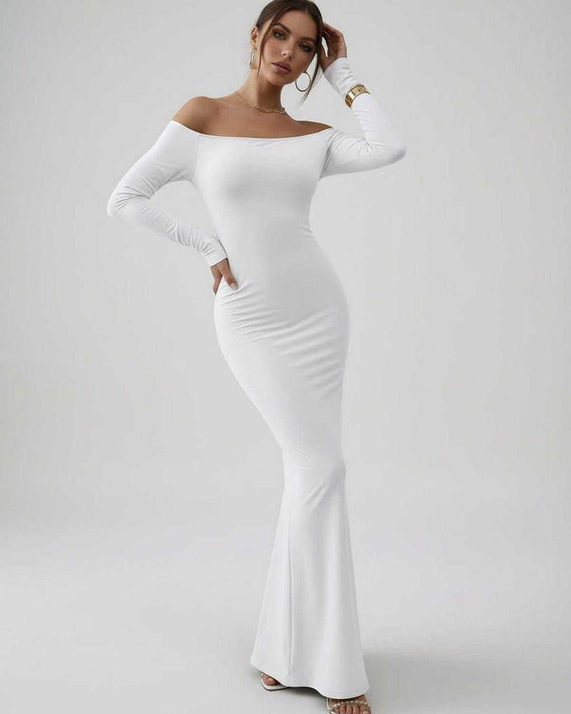 Orion Maxi Dress by Lauven - Sleek off-shoulder design in classic white, flattering fit with premium stretch fabric.