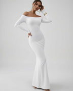 Orion Maxi Dress by Lauven, sleek off-shoulder long sleeve in classic white, flattering silhouette.