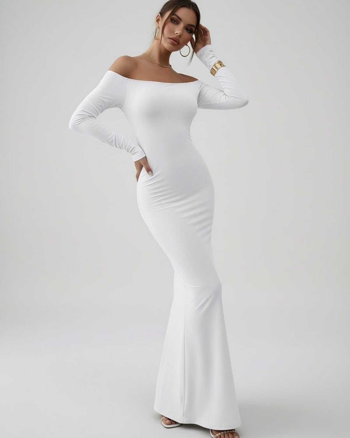 Orion Maxi Dress by Lauven, sleek off-shoulder long sleeve in classic white, flattering silhouette.