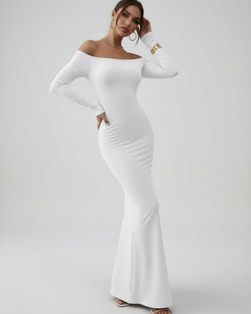 Orion Maxi Dress by Lauven, sleek off-shoulder long sleeve in classic white, flattering silhouette.