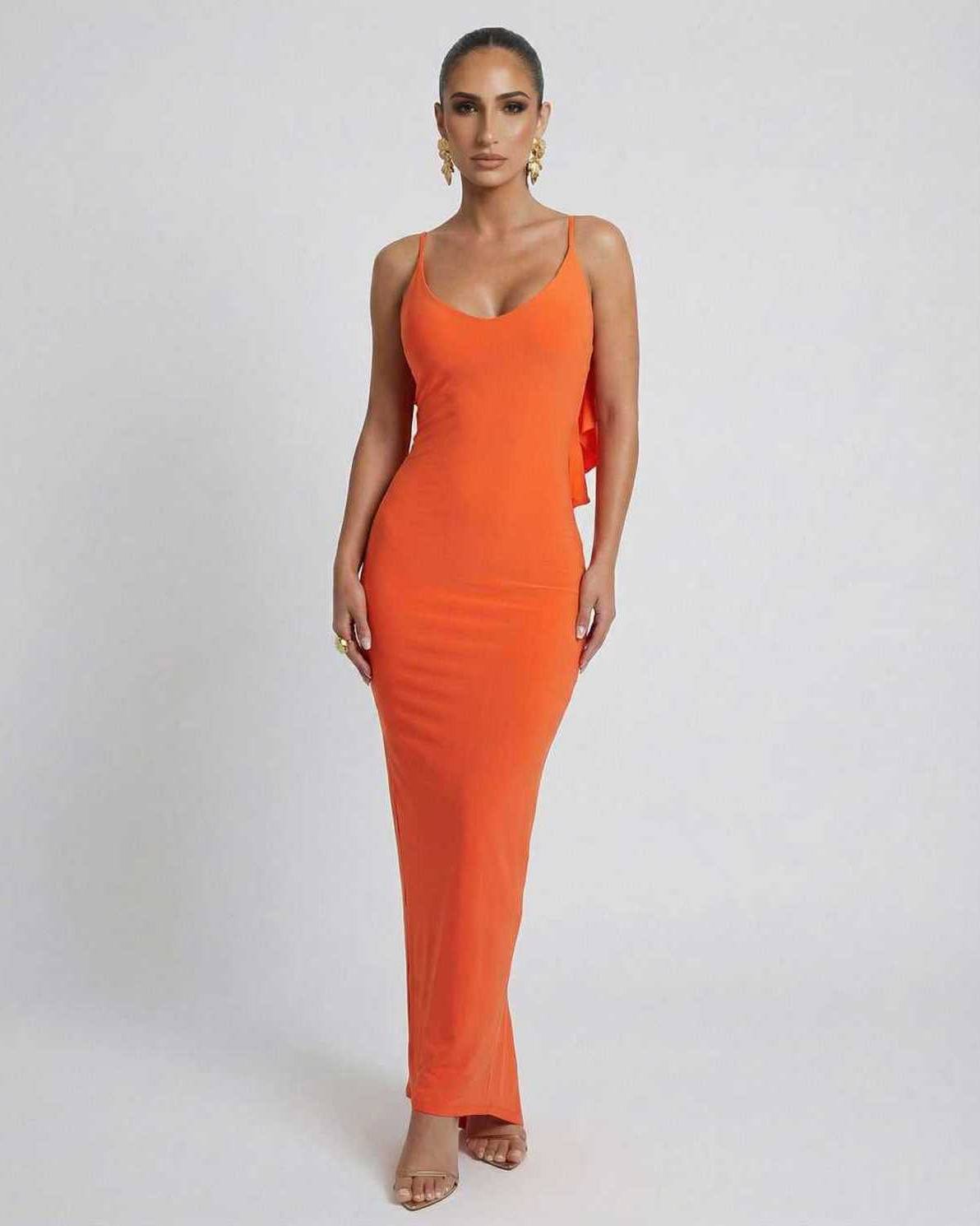 Orion Maxi Dress by Lauven, sleek orange sleeveless silhouette in stretch-enhanced fabric.