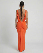Lauven Orion Maxi Dress showcasing a vibrant orange back view with ruffled details and bodycon silhouette.