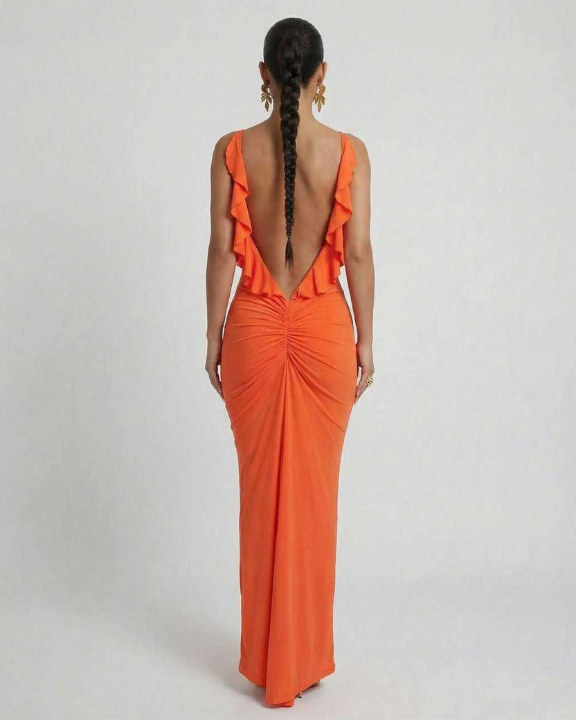 Lauven Orion Maxi Dress showcasing a vibrant orange back view with ruffled details and bodycon silhouette.