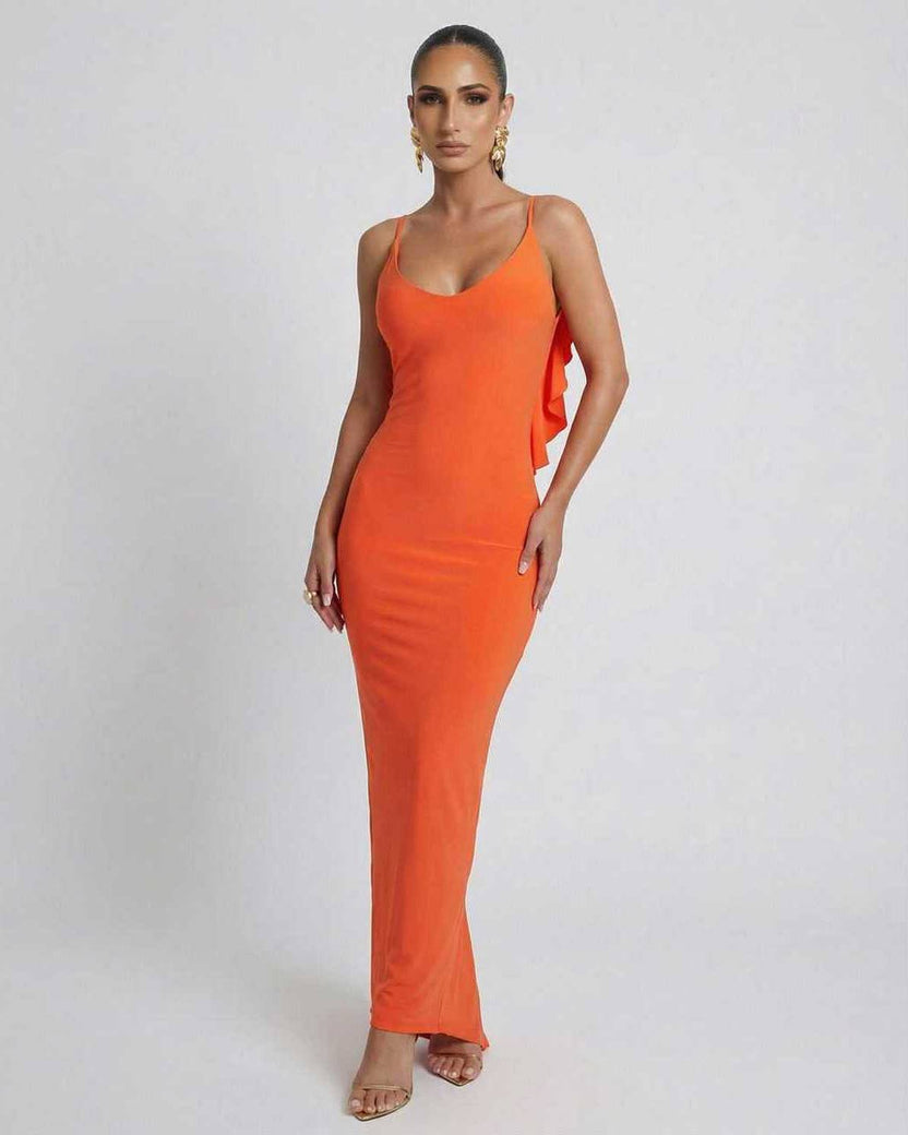 Orion Maxi Dress by Lauven, vibrant orange sleeveless bodycon silhouette for modern fashion-forward occasions.