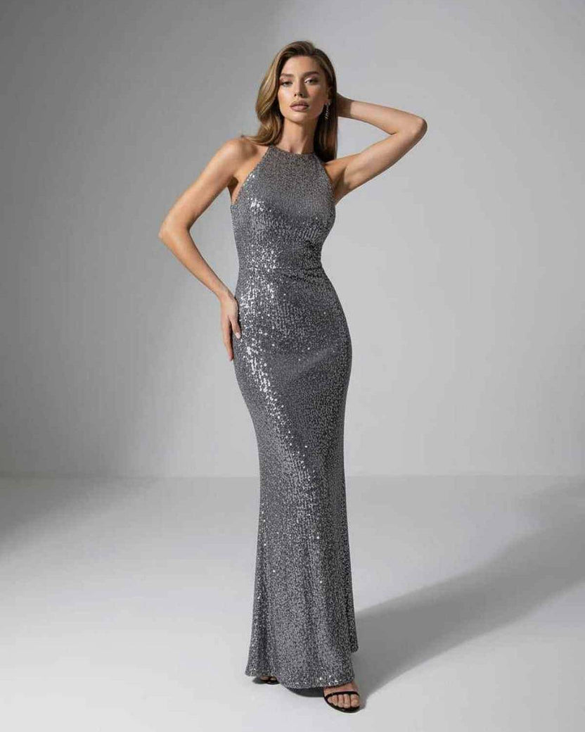 Orion Maxi Dress by Lauven, silver sequin halter neck, sleek evening silhouette for modern elegance.