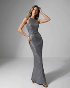 Orion Maxi Dress - Silver Sequin Maxi Dress with Halter Neck by Lauven, showcasing elegant evening silhouette.